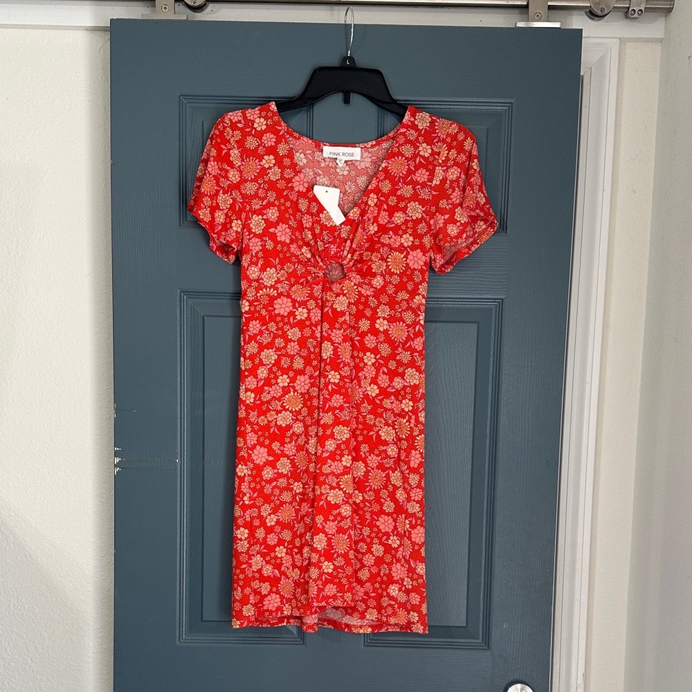 Pink Rose Red Floral Tie-Front Mini Dress